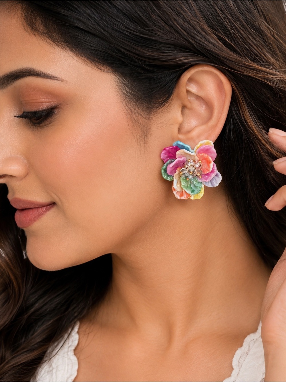 Colorful Floral Statement Stud Earrings Multicolor Resin Petals Crystal Center